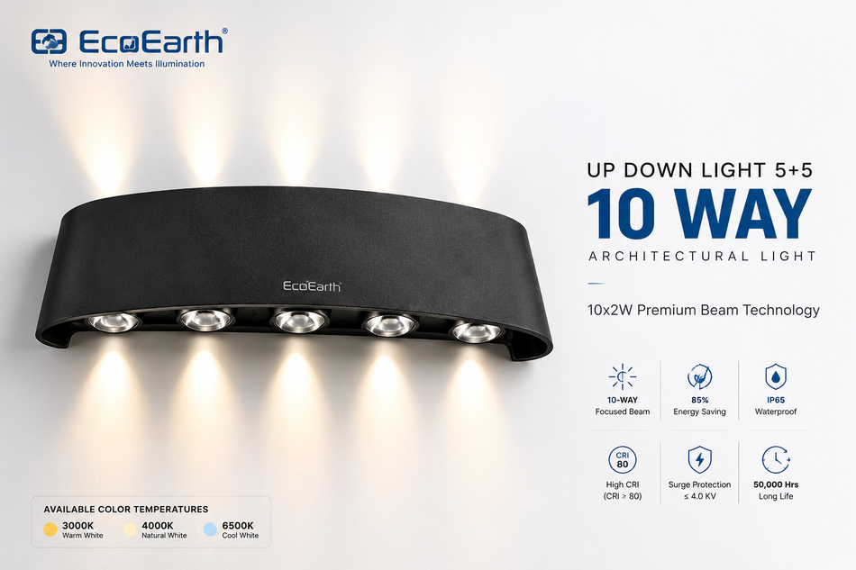 EcoEarth Premium Up-Down Architectural Wall Light 10WX2, Matte Charcoal Finish
