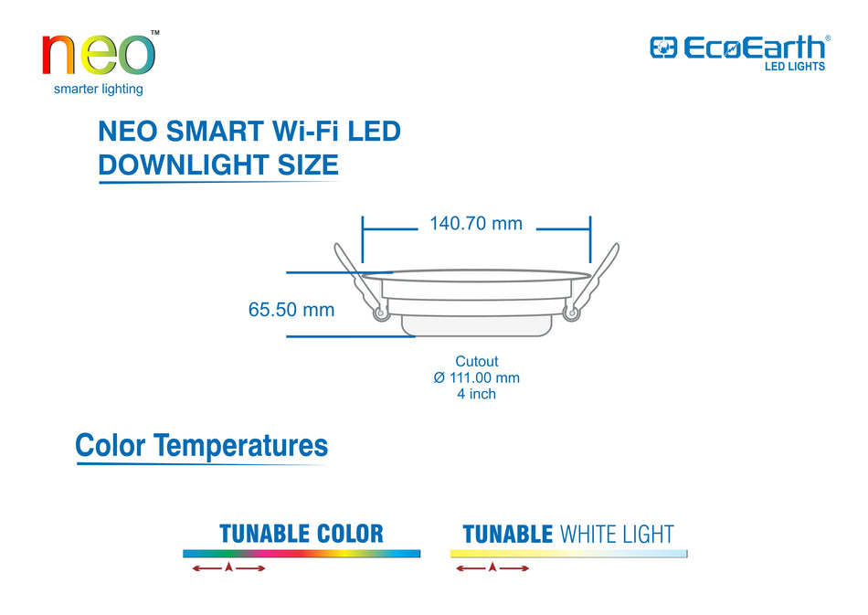 EcoEarth  Neo Wi-Fi Smart Led Ceiling Light | Recessed Light | Compatible with Alexa and Google Assistant  | Warm to Cool Feel + 16 Million Colors