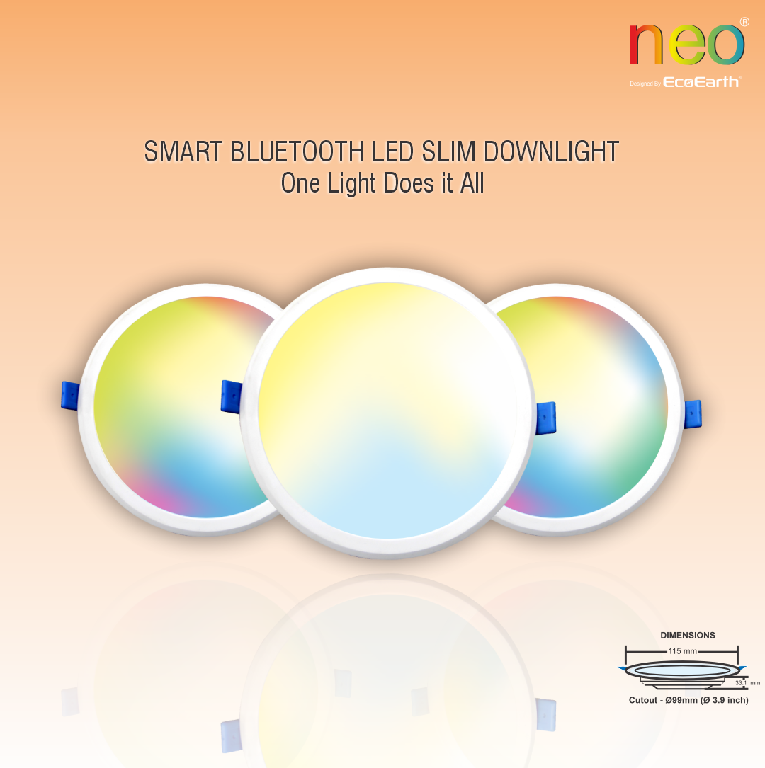 

"EcoEarth Neo Smart Bluetooth Panel Downlight RGB + CCT, Round – Modern, 9W LED panel downlight with RGB + CCT for customizable color and temperature settings, featuring Bluetooth connectivity for smart control and seamless integration into any space."