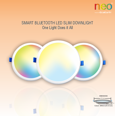 

"EcoEarth Neo Smart Bluetooth Panel Downlight RGB + CCT, Round – Modern, 9W LED panel downlight with RGB + CCT for customizable color and temperature settings, featuring Bluetooth connectivity for smart control and seamless integration into any space."