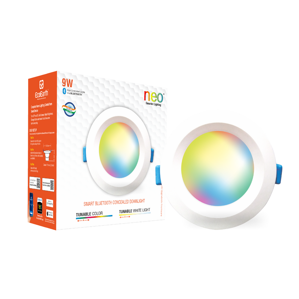 

"EcoEarth Neo Smart Bluetooth Concealed Downlight, 9W – Smart LED downlight featuring RGB + CCT for customizable colors and temperatures, with Bluetooth control for easy, personalized lighting."