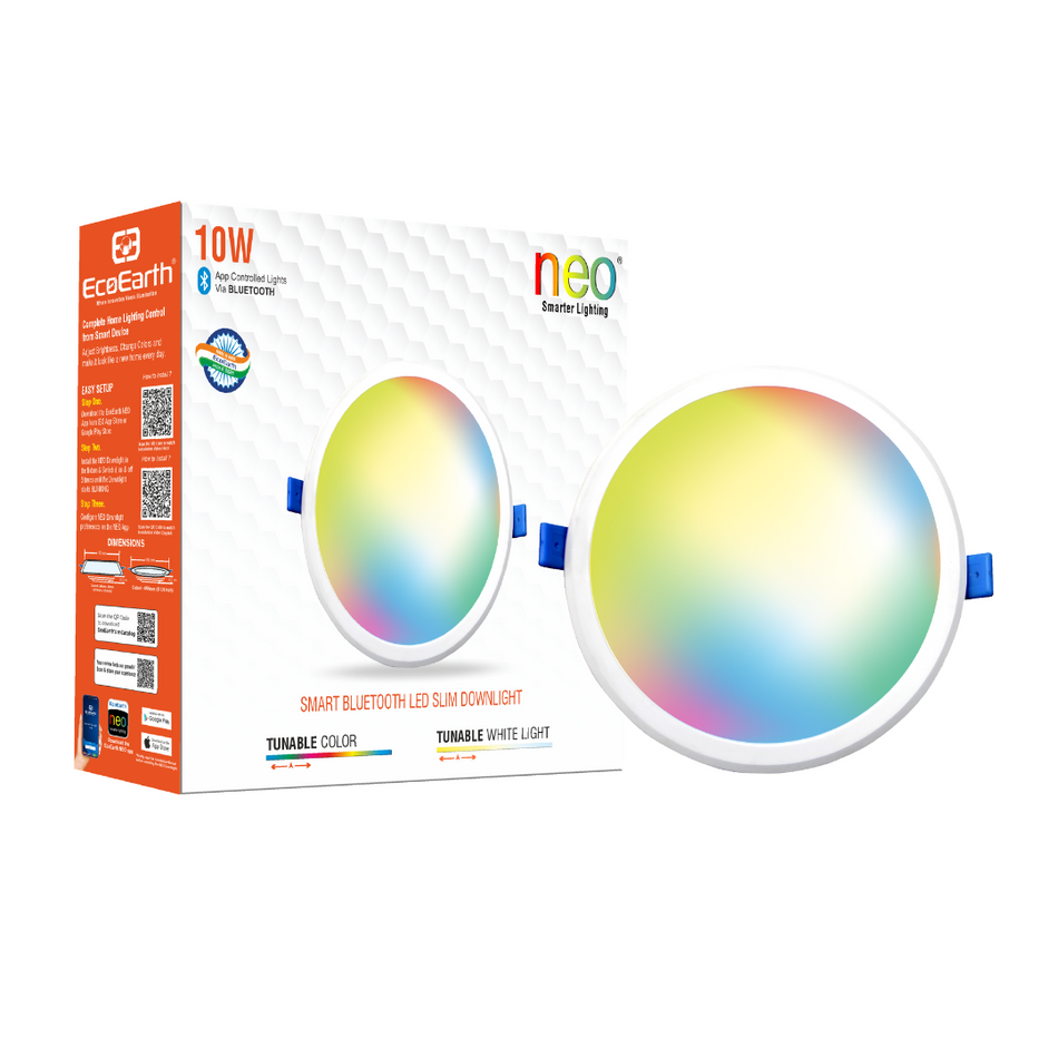 
"EcoEarth Neo Smart Bluetooth Panel Downlight RGB + CCT, Round – Versatile 9W LED panel downlight with customizable RGB and CCT lighting, featuring Bluetooth connectivity for smart, easy control in a sleek, round design."