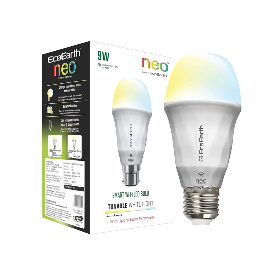 EcoEarth Neo Smart WiFi LED Bulb | Compatible with Alexa and Google Home |  Dimmable  No Hub Required, E27 | 9-Watt | Tunable White | CCT