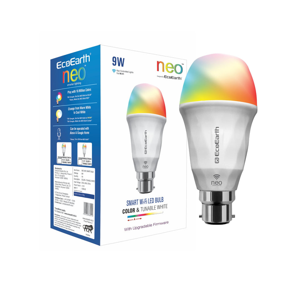 EcoEarth Neo Wi-Fi Smart Led Bulb | Compatible with Alexa and Google Home B22 , 9-Watt | 16 Million Colors | RGB+CCT Tunable