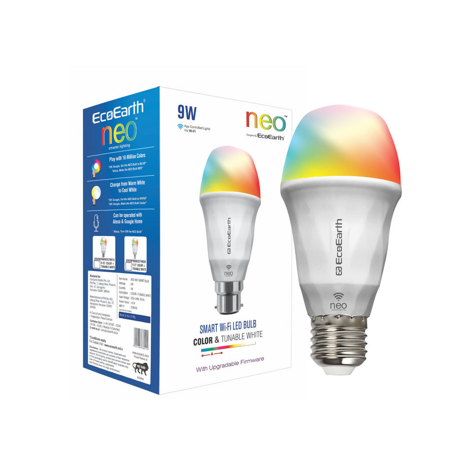 EcoEarth Neo Wi-Fi Smart Led Bulb | Compatible with Alexa and Google Home | E27| 9-Watt | Warm to Cool Feel + 16 Million Colors