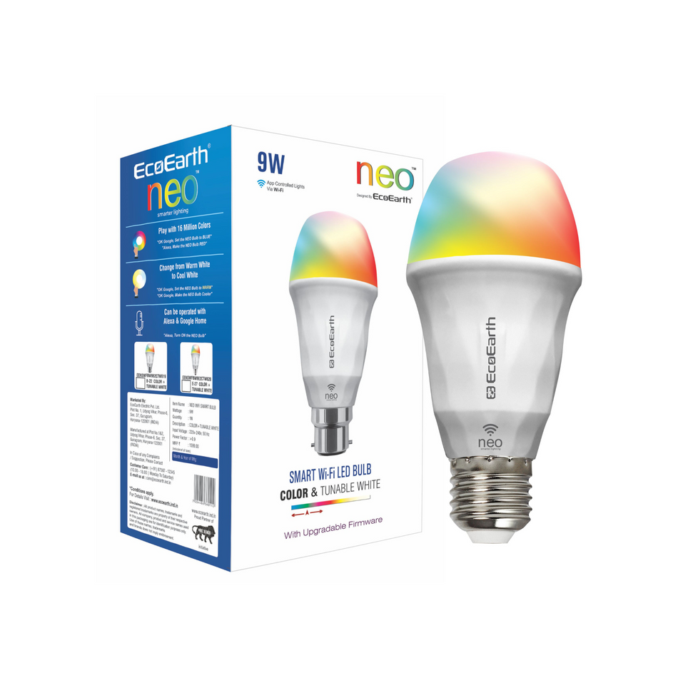 EcoEarth Neo Wi-Fi Smart Led Bulb | Compatible with Alexa and Google Home E27, 9-Watt | 16 Million Colors | RGB+CCT